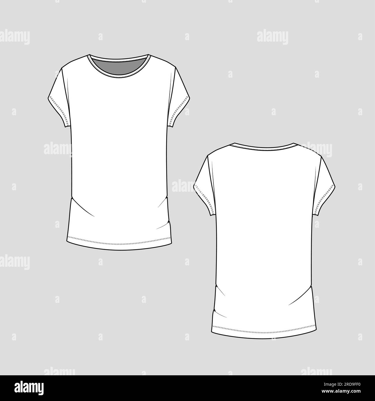 Women t shirt top round neck short sleeve fashion cad mock up flat sketch drawing template design vector Stock Vector