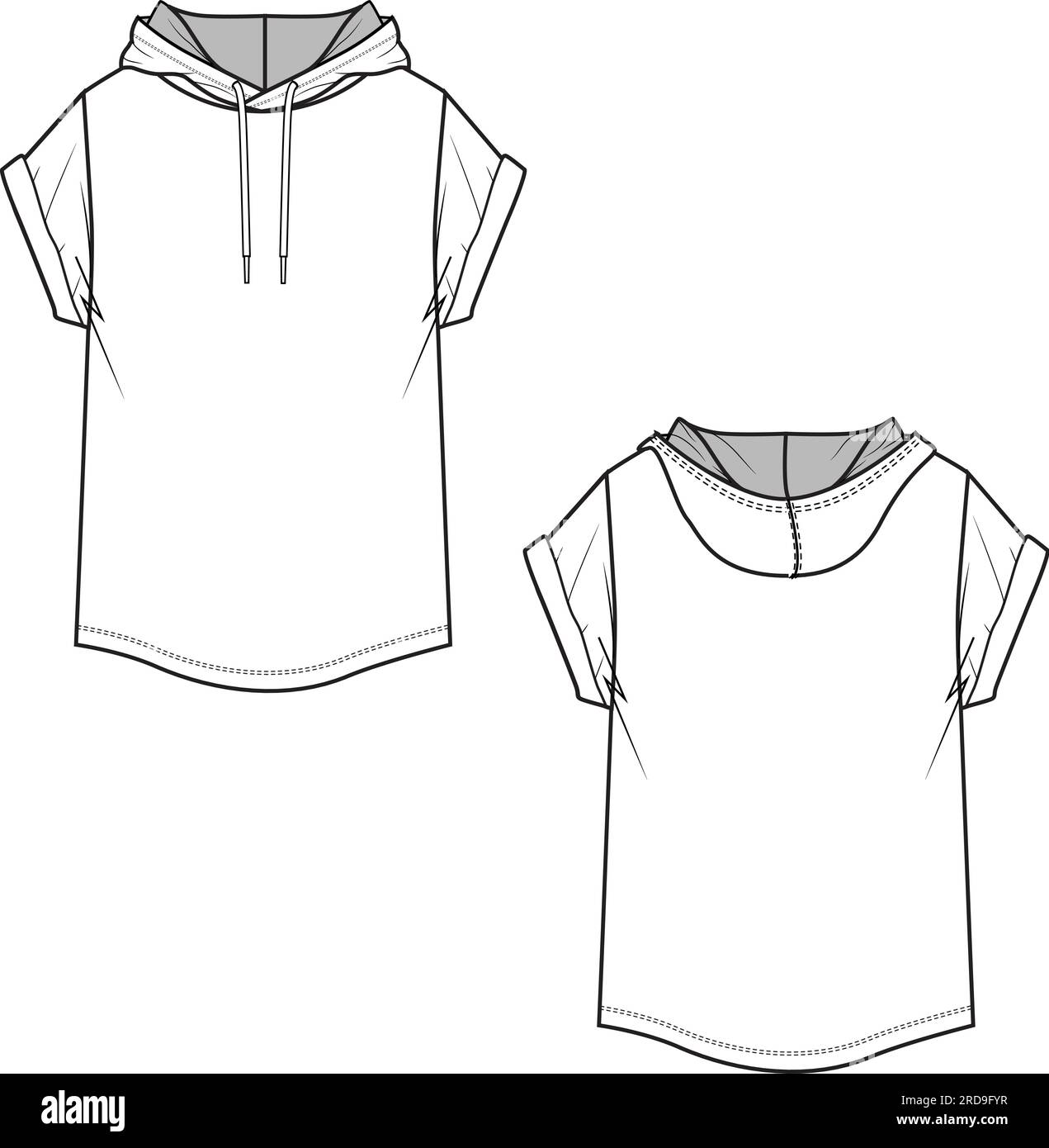 new  fashion roll up sleeve hoodie technical drawing flat sketch  template Stock Vector