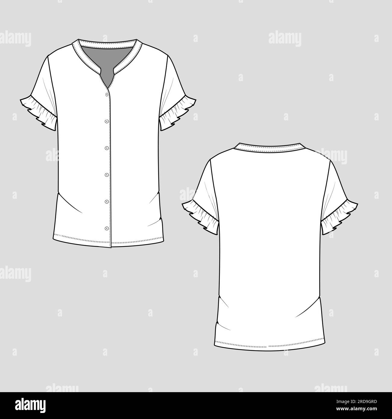 Women Stand Collar Full open button panel ruffle sleeves tshirt top blouse technical flat