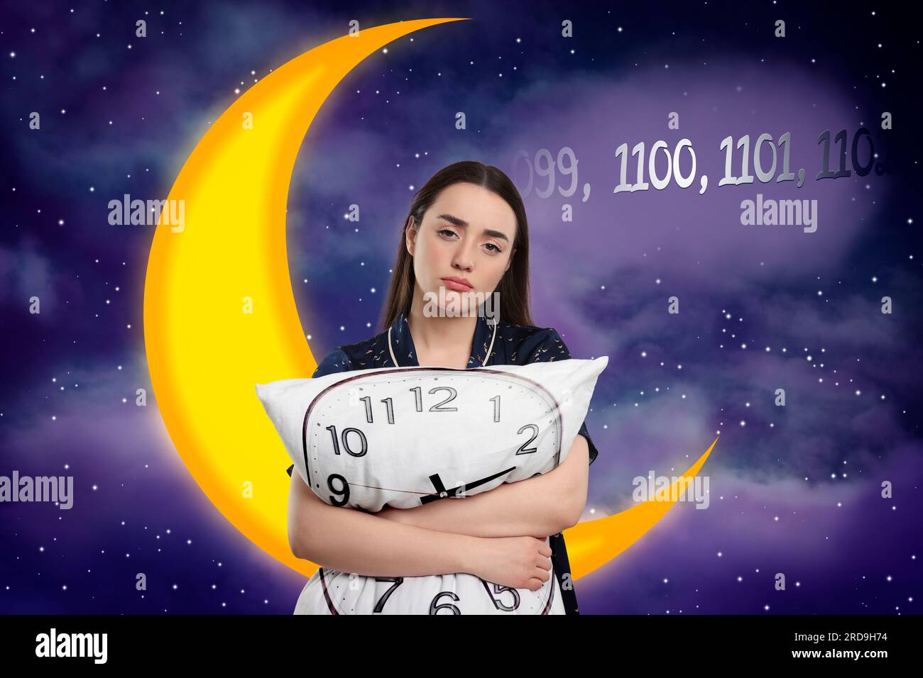 Suffering from insomnia. Woman with pillow counting to fall asleep