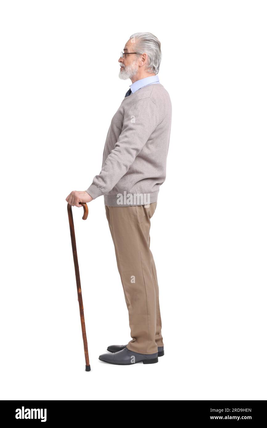 Senior man with walking cane on white background Stock Photo - Alamy
