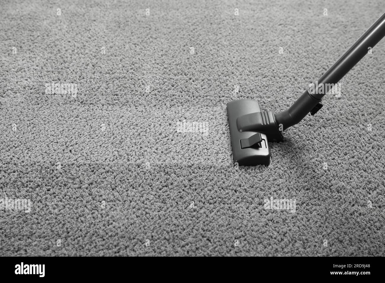 Vacuuming grey carpet. Clean area after using device. Space for text Stock Photo