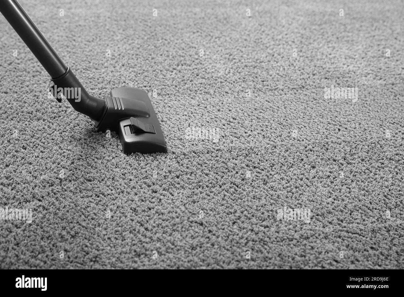 Removing dirt from grey carpet with modern vacuum cleaner. Space for