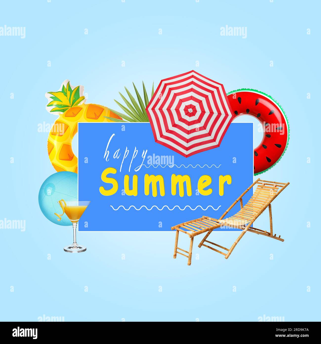 Phrase Happy summer with different beach accessories, deck chair and