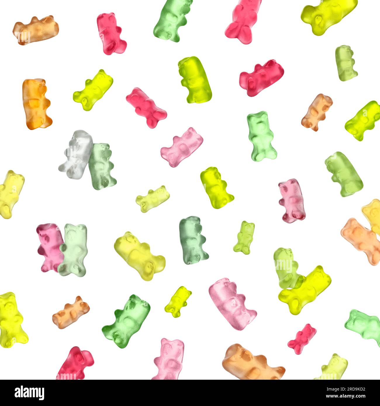 Sweet gummy bears falling on white background Stock Photo - Alamy
