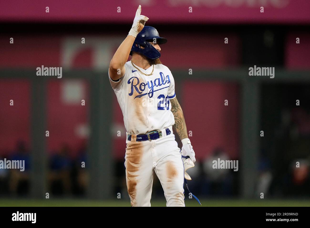 Kansas City Royals' Kyle Isbel celebrates on second after hitting an RBI  double during the fifth inning of a baseball game against the Detroit  Tigers Wednesday, July 19, 2023, in Kansas City