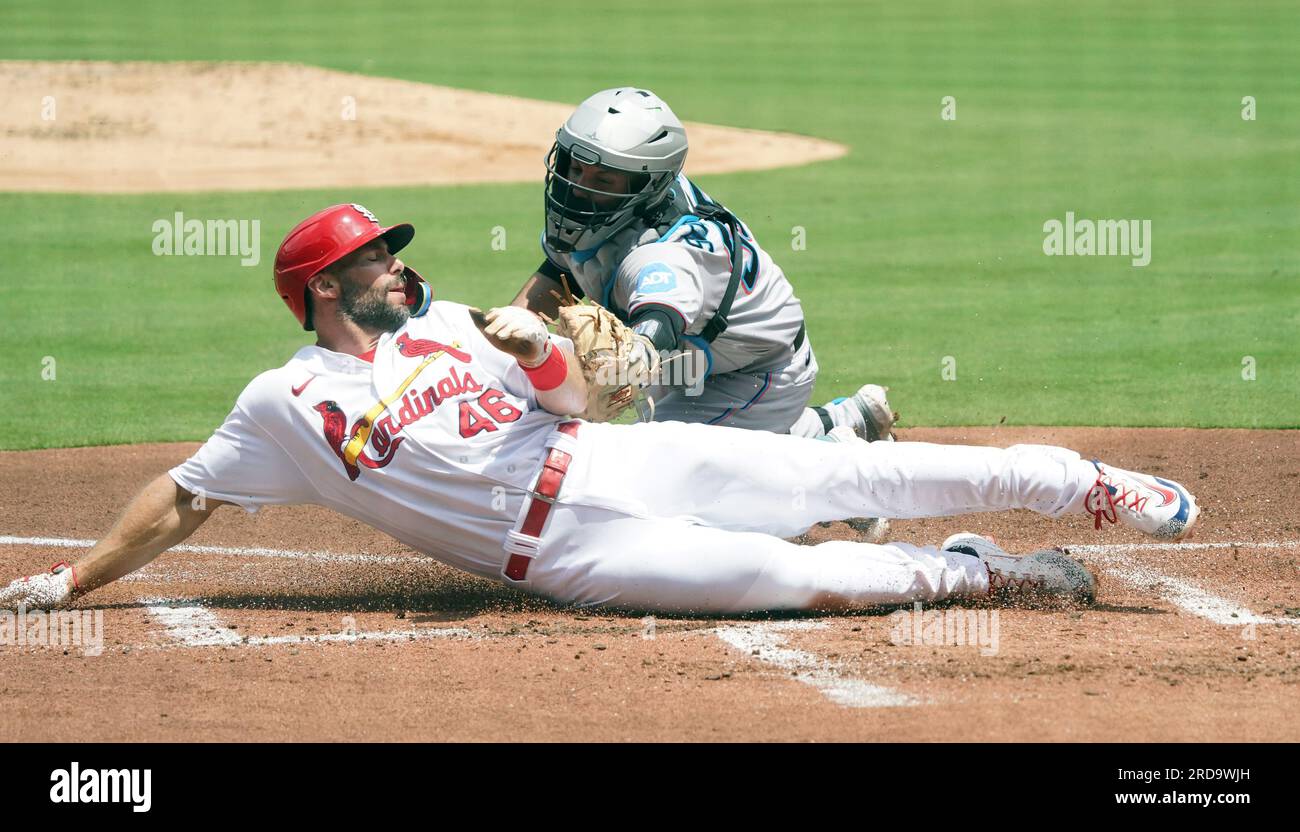 St. Louis, United States. 19th July, 2023. St. Louis Cardinals Paul Goldschmidt slides safely into home plate before the tag by Miami Marlins catcher Jacob Stallings in the first inning at Busch Stadium in St. Louis on Wednesday July 19, 2023. Photo by Bill Greenblatt/UPI Credit: UPI/Alamy Live News Stock Photo