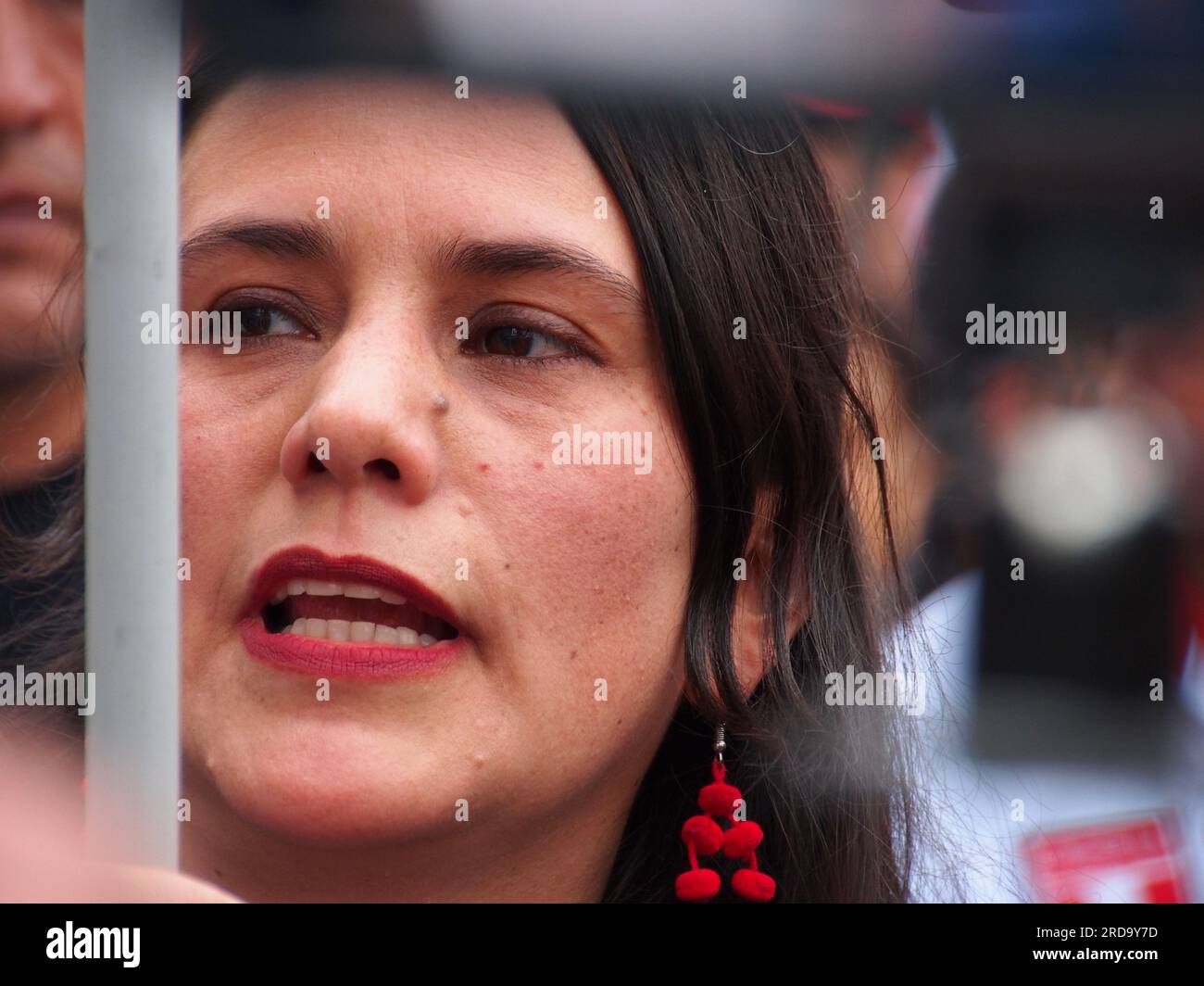 Veronika Mendoza Frisch, a Peruvian-French politician, founder and current leader of the New Peru party, demonstrating when thousands of unionists, activists, and members of indigenous groups took to the streets as part of the so called Third Takeover of Lima, to start another wave of protests against the President Dina Boluarte and the Congress, asking for her resignation and new general elections. In previous riots, from December 2022 to March of this year, there were more than 50 deaths due to the use of excessive force by the police to control the protesters. Stock Photo