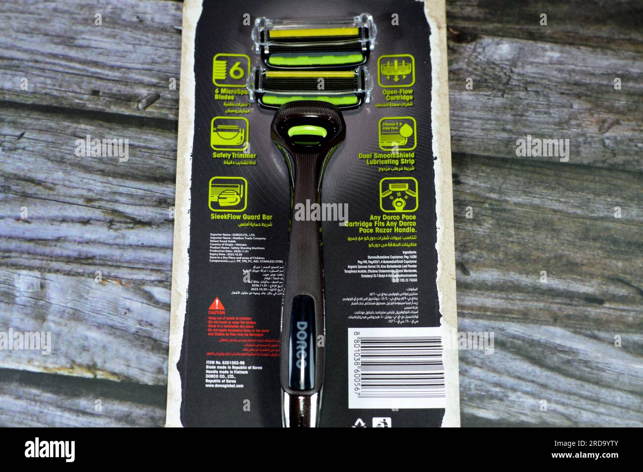 Cairo, Egypt, July 5 2023: Dorco Pace 6 Pro for shaving comes with ...