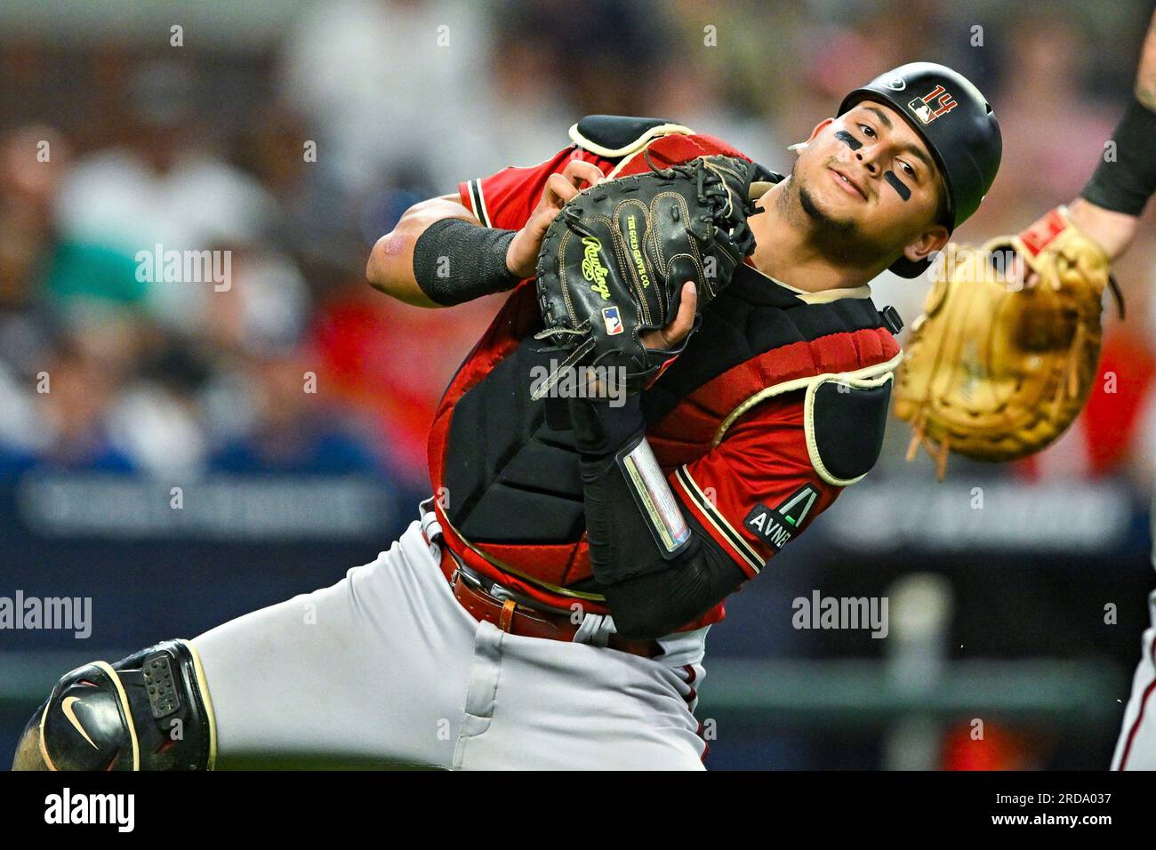 ATLANTA, GA – JULY 19: Arizona catcher Gabriel Moreno (14) reacts after  catching a pop up during the MLB game between the Arizona Diamondbacks and  the Atlanta Braves on July 19th, 2023