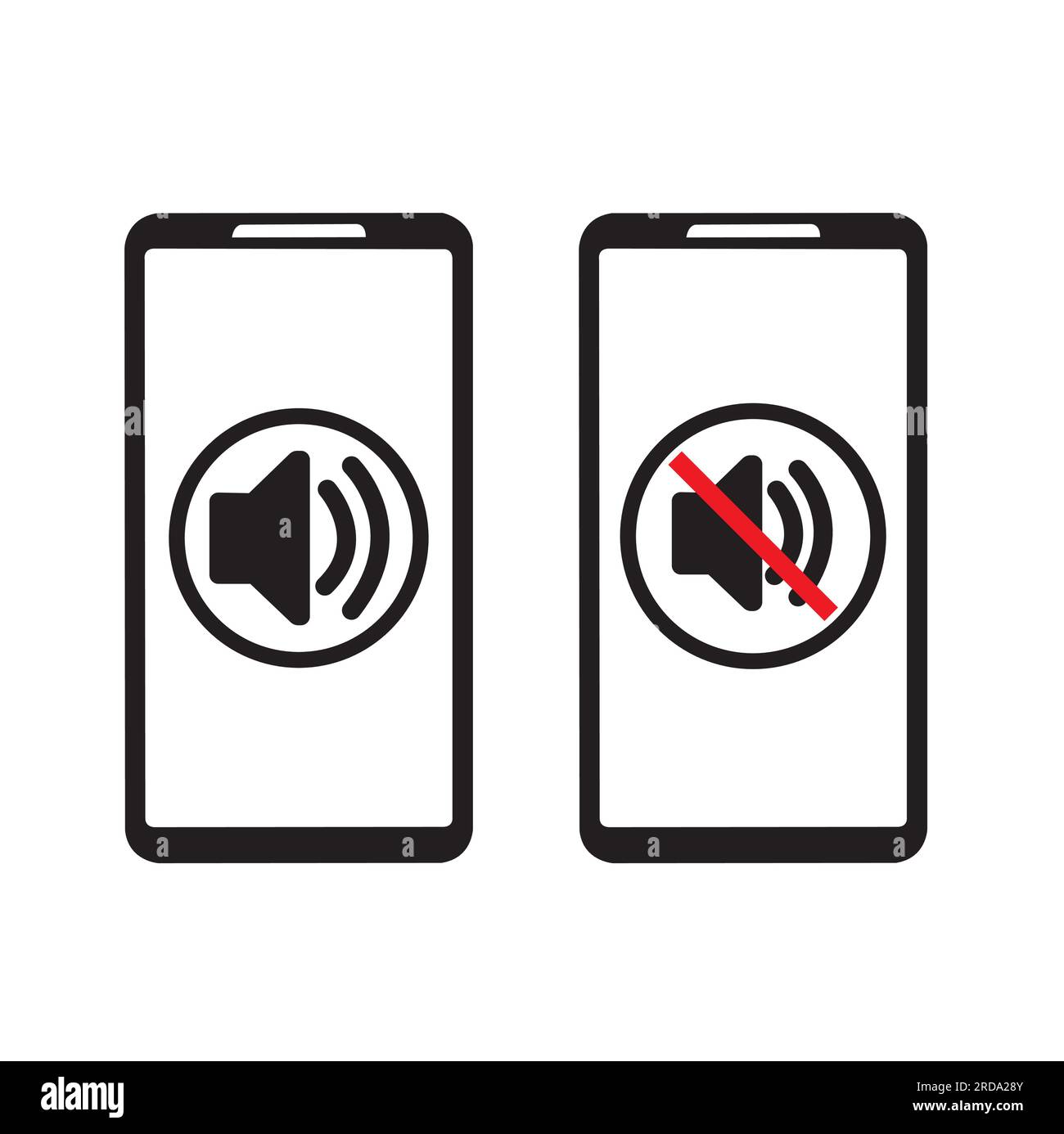 Smartphones with on and off sound sign in the screen on a white ...