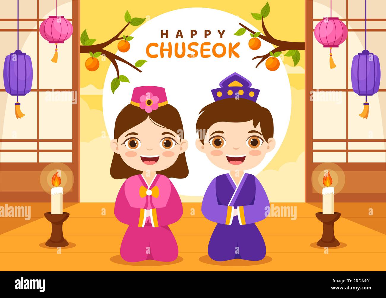 Happy Chuseok Day Vector Illustration of Korean Thanksgiving Event with Harvest Festival Celebrate on Autumn Night Background Hand Drawn Templates Stock Vector