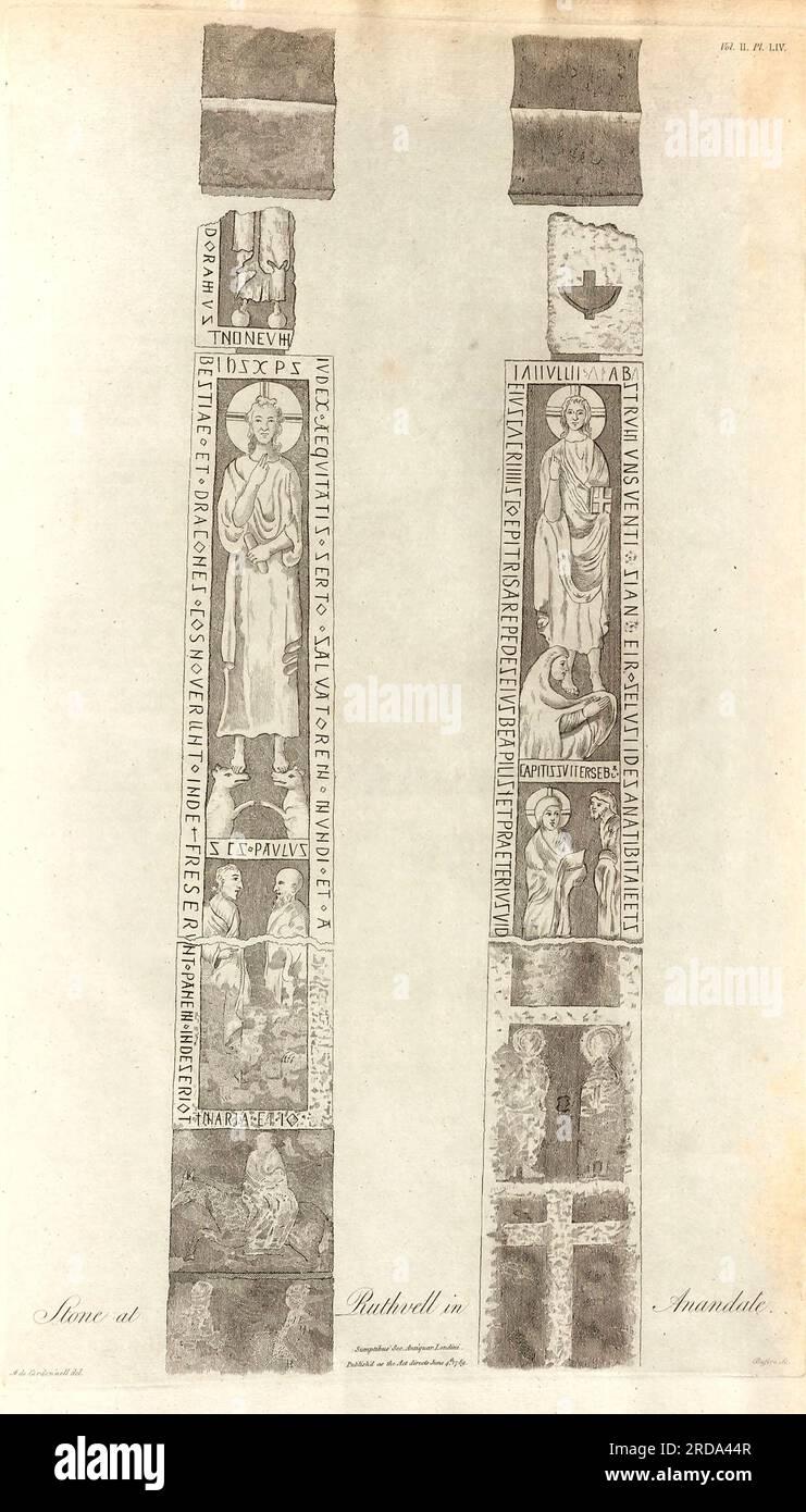 the Ruthwell Cross stands nearly 18 feet (5.5m) tall and features an iconographic program of images and texts along with plant and animal decoration. from the book The Society of Antiquaries of London has taken care to publish, at its own expense, the ancient records which preserve the memory of British affairs Originally in Latin Vetusta monumenta, quae ad rerum Britannicarum memoriam conservandam Societas Antiquariorum Londini sumptu suo edenda curavit Published 1789 by Londini [Society of Antiquaries] Stock Photo