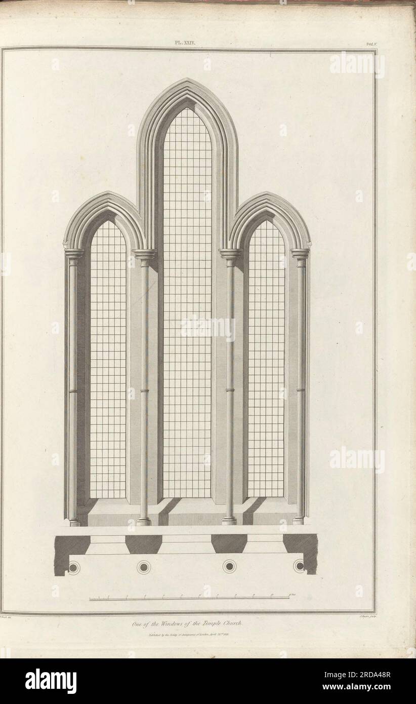 Plan, Elevation and sections of the Castle of the Temple Church from the book The Society of Antiquaries of London has taken care to publish, at its own expense, the ancient records which preserve the memory of British affairs Originally in Latin Vetusta monumenta, quae ad rerum Britannicarum memoriam conservandam Societas Antiquariorum Londini sumptu suo edenda curavit Published Volume 5 1835 by Londini [Society of Antiquaries] Stock Photo