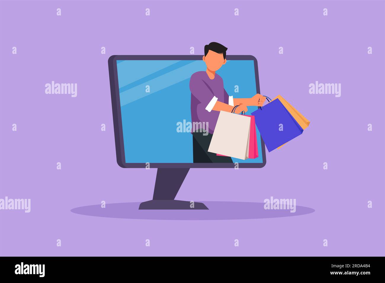Cartoon flat style drawing active man coming out of monitor computer ...