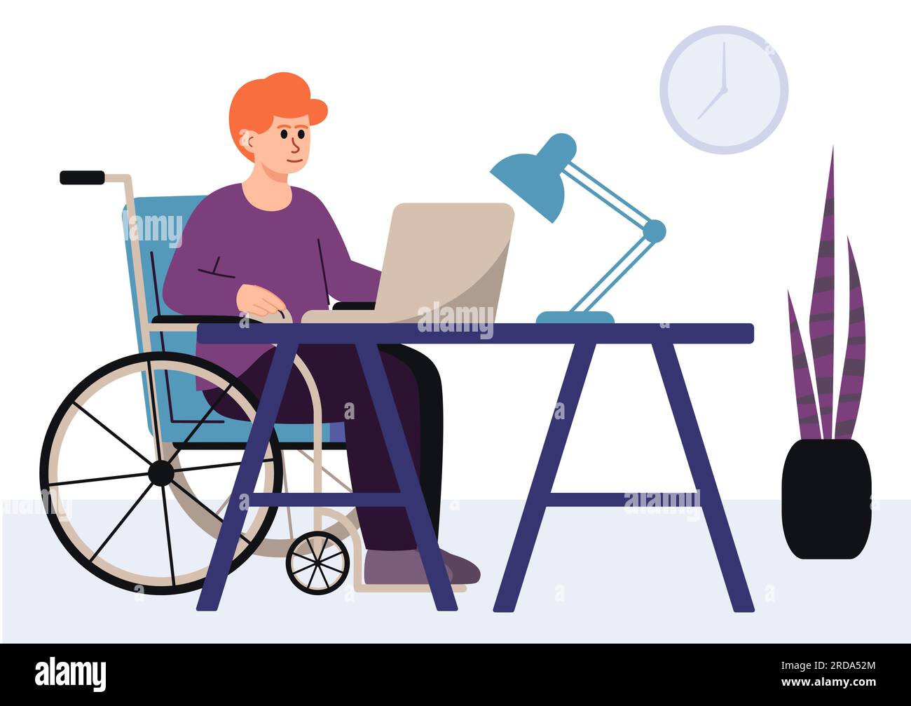 Ginger Freelancer In A Wheelchair Work From Home. Vector Illustration