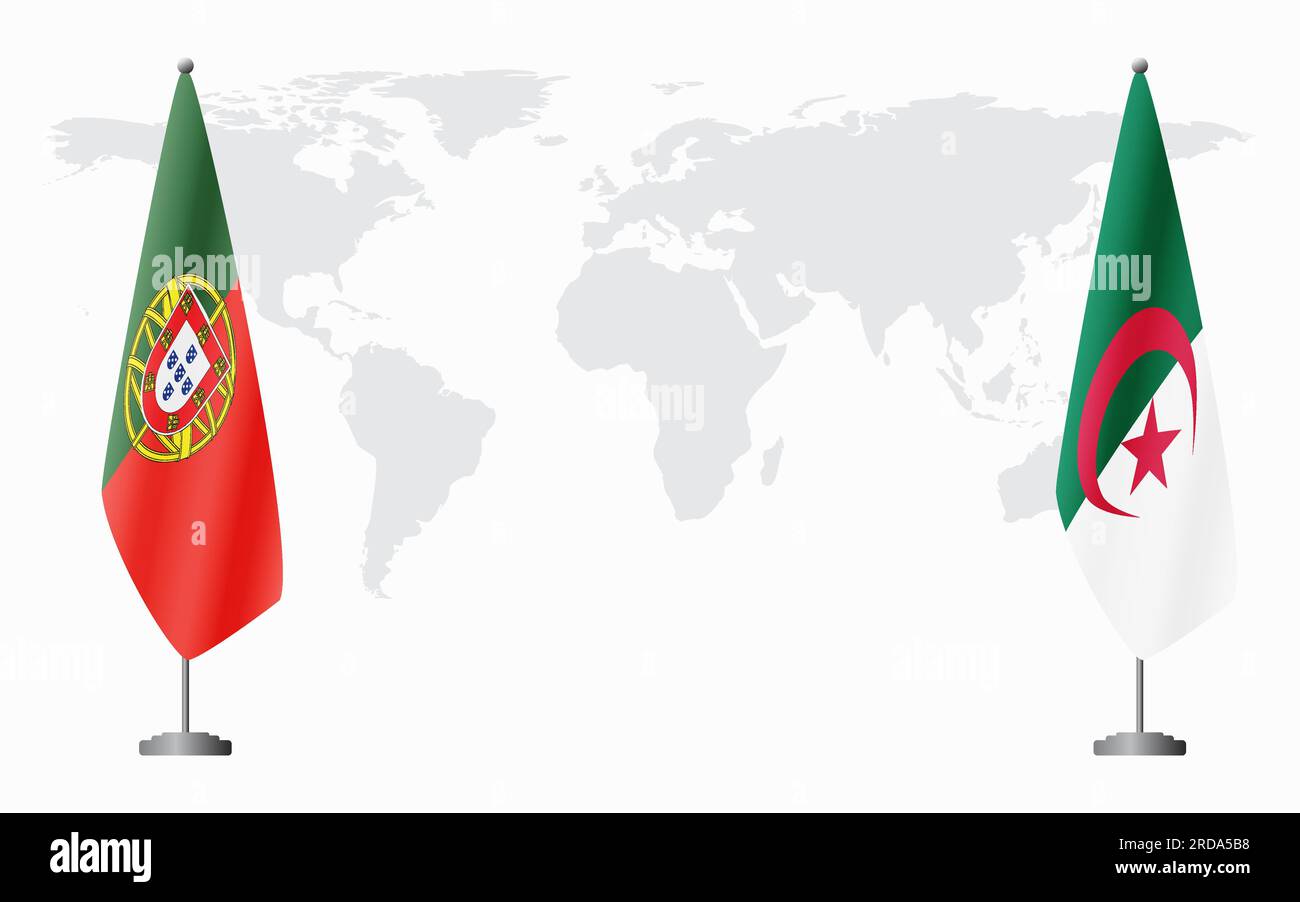 Portugal and Algeria flags for official meeting against background of world map. Stock Vector