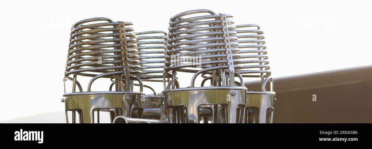 Closeup of gas burner equipment of hot air balloon. Element of heat