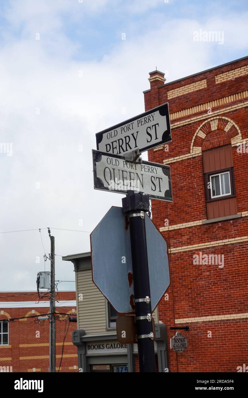 perry street and queen street signs, in downtown Port Perry, Ontario