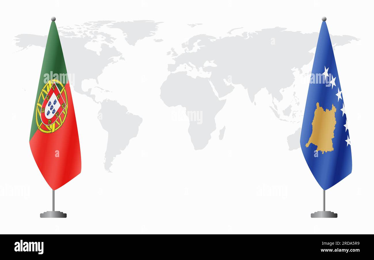 Portugal and Kosovo flags for official meeting against background of world map. Stock Vector