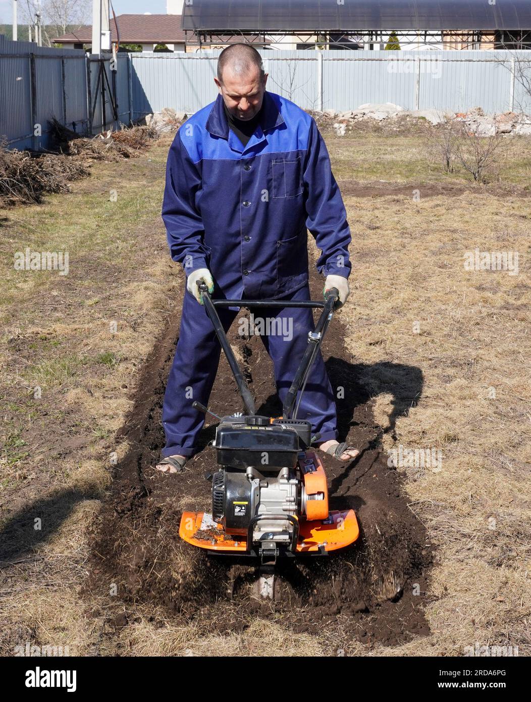 A man works in a vegetable garden in early spring. Digs the ground ...