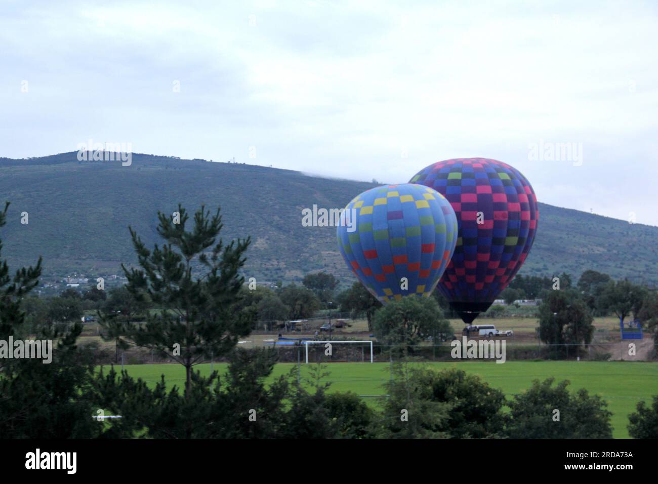 Colorful hot air balloons at sunrise soaring over vegetation and urban ...