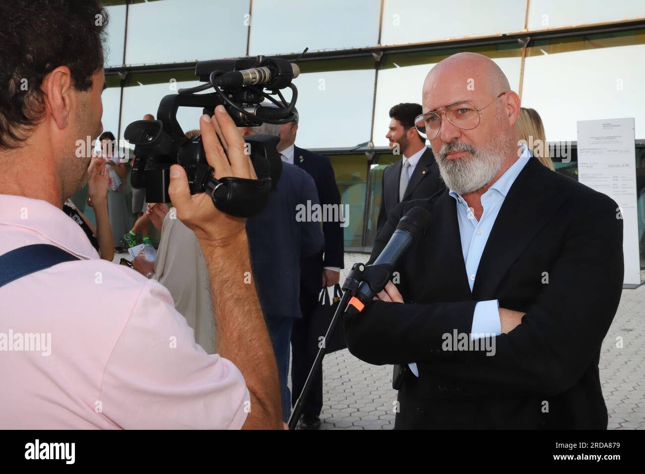 Modena, Italy, July 4 2023, public interview at a charity event at the MEF museum in Modena by Stefano Bonaccini, president of the Emilia-Romagna Regi Stock Photo