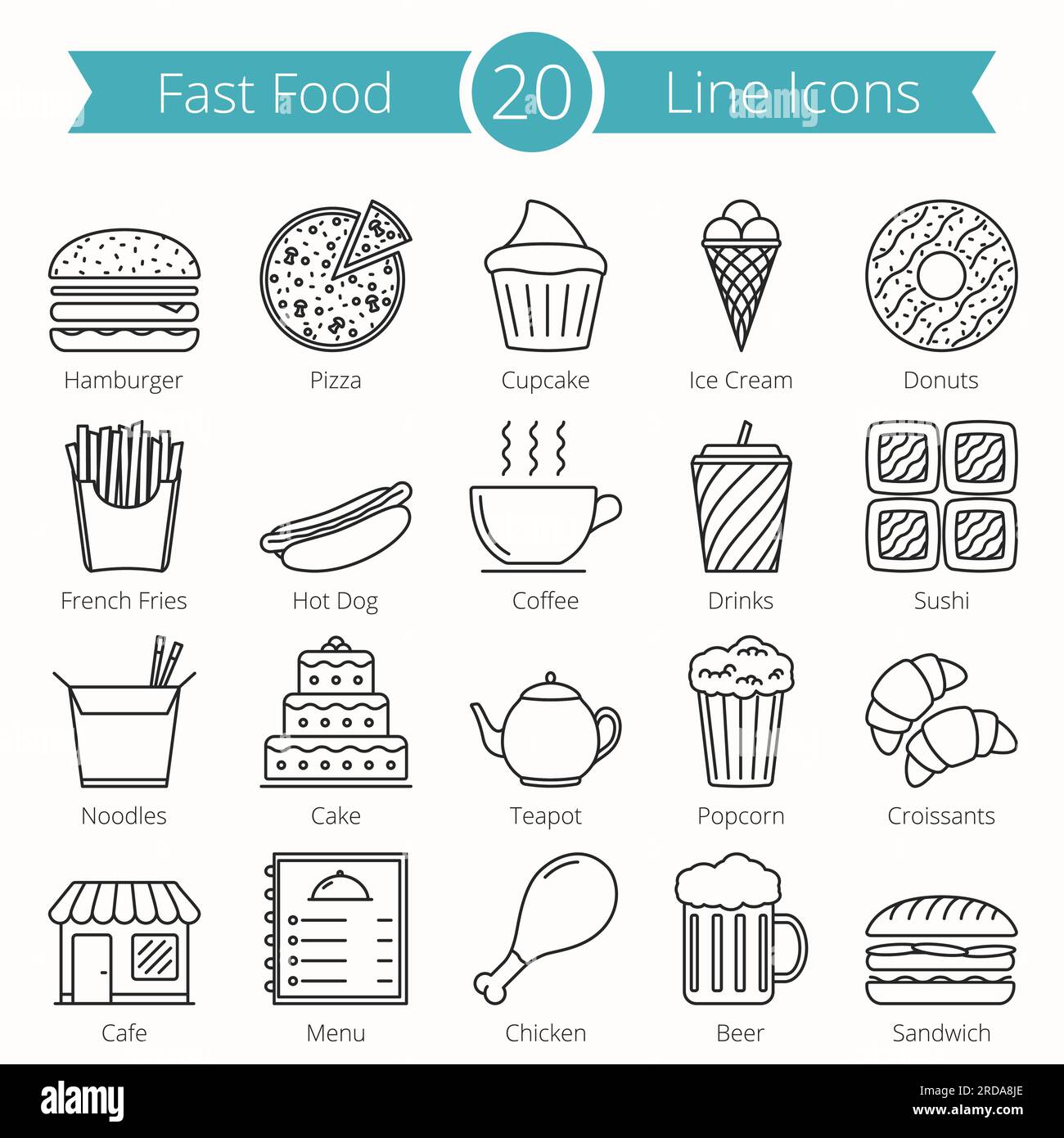 Set of 20 fast food line icons, vector eps10 illustration Stock Vector