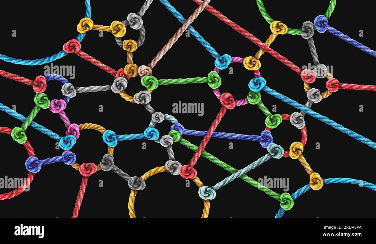 Connected Networks and diverse group of ropes interconnected as a united collective as a metaphor for economic networking. Stock Photo