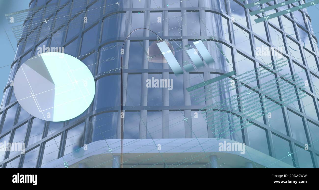 Composite of financial data processing over modern office building Stock Photo