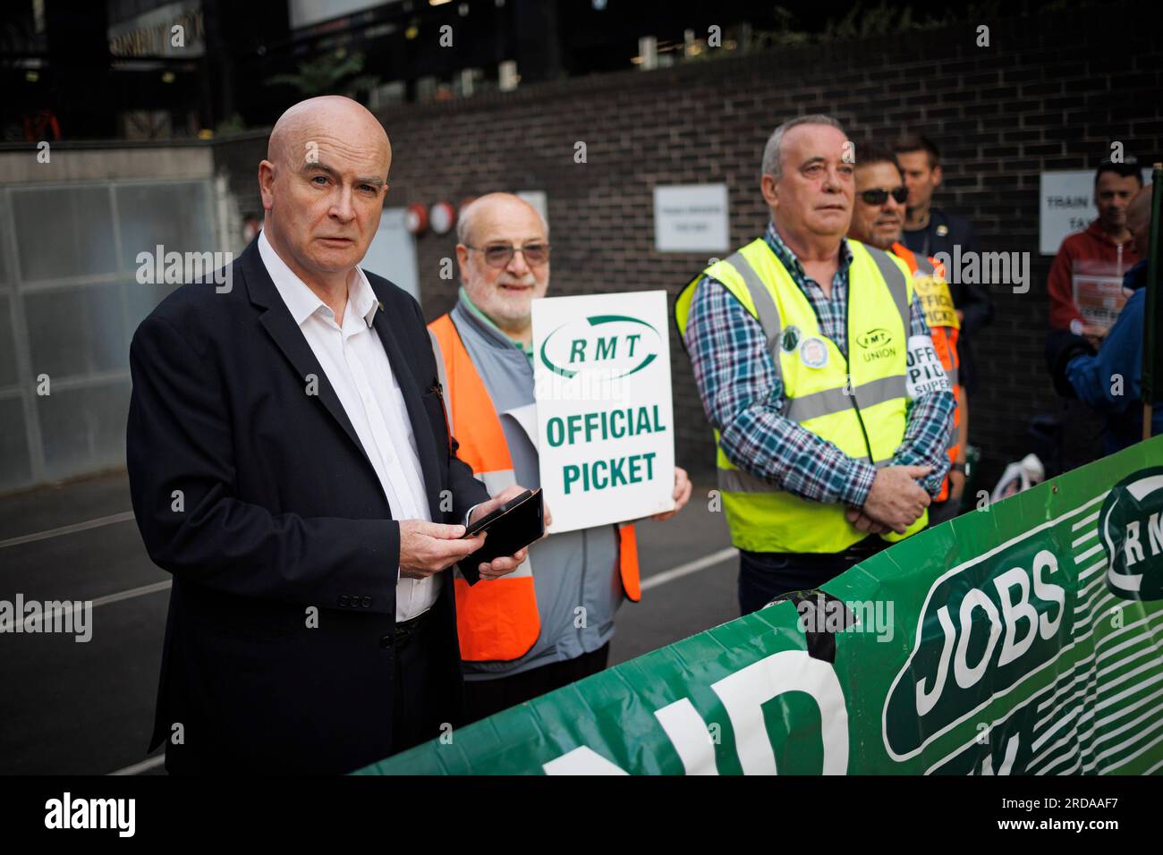 London, UK. 20th July, 2023. RMT SecretaryGeneral MICK LYNCH on a picket line at Euston Station