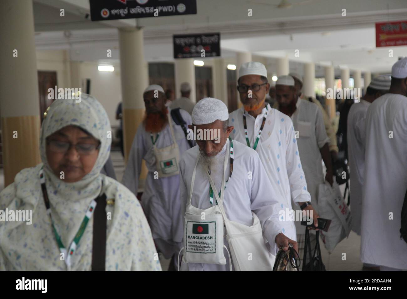 Pilgrims started to arrive at the Ashkona Hajj Camp in Dhaka from different parts of Bangladesh on Saturday, May 20, 2023, a day after Prime Minister Stock Photo