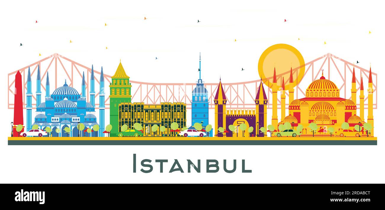 Istanbul Turkey City Skyline with Color Landmarks Isolated on White. Vector Illustration. Business Travel and Tourism Concept with Istanbul City. Stock Vector