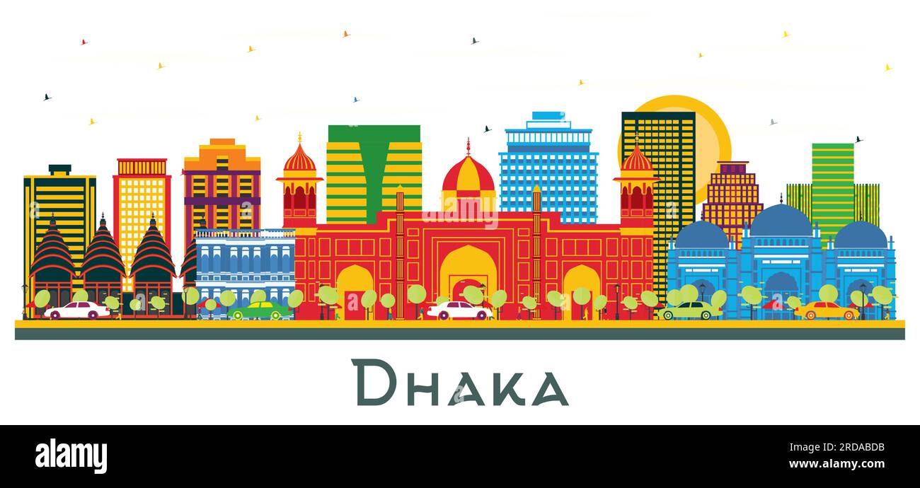 Dhaka Bangladesh City Skyline with Color Buildings Isolated on White. Vector Illustration. Business Travel and Tourism Concept with Historic Buildings Stock Vector