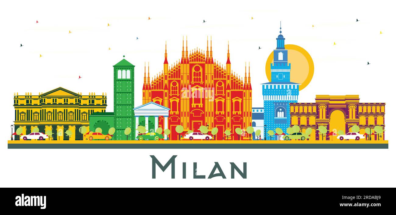 Milan Italy City Skyline with Color Landmarks Isolated on White. Vector Illustration. Business Travel and Tourism Concept with Historic Buildings. Stock Vector