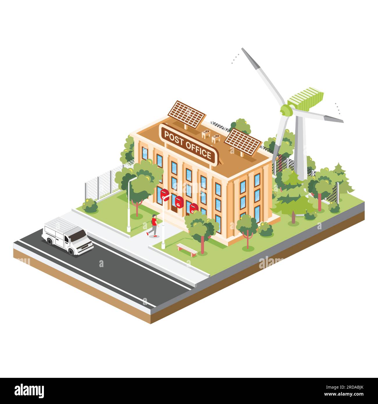 Isometric Post Office Building with Solar Panels and Wind Turbines Isolated on White. Vector Illustration. Trees and Van. Man Goes with a Parcel. Stock Vector