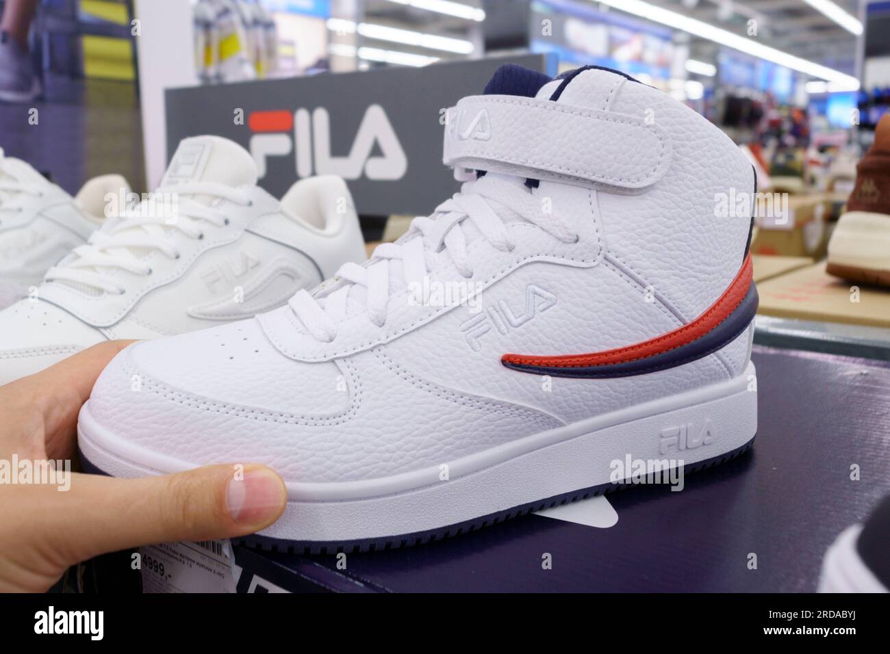 Tyumen, Russia-July 11, 2023: Fila white is one of the world largest  sportswear companies. New Sneakers Stock Photo - Alamy