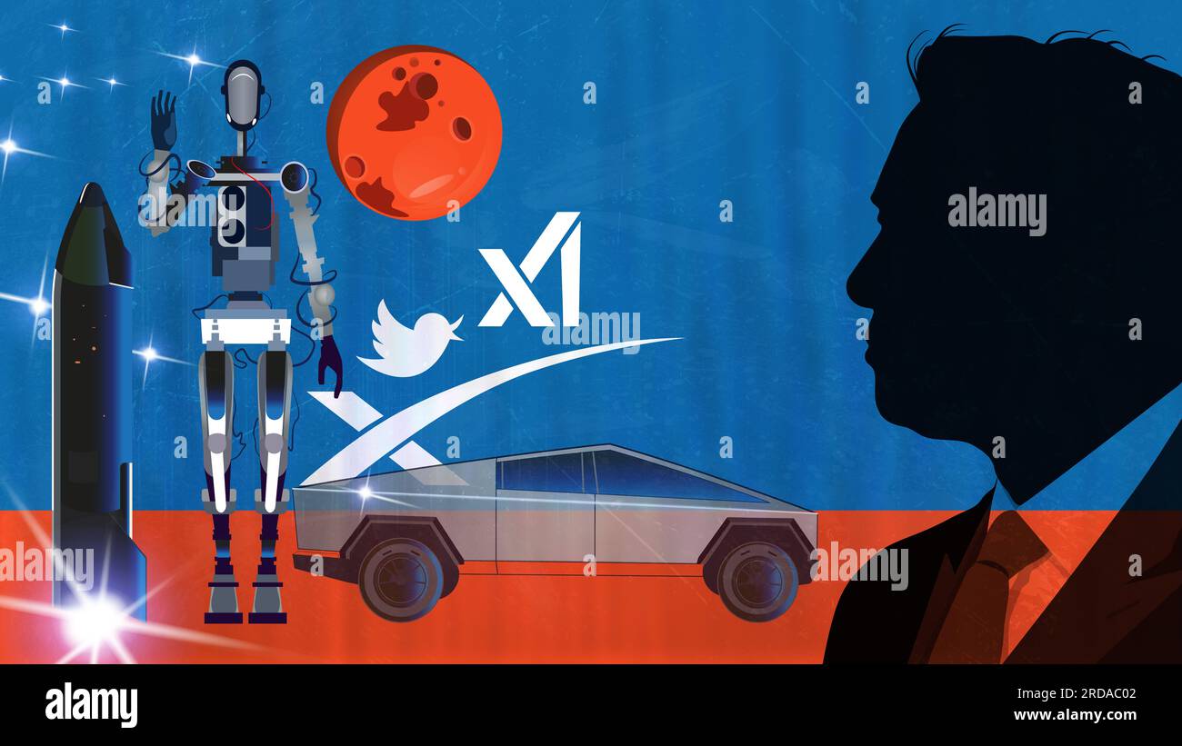 2023 portrait of Elon Musk, starship, space x, Twitter and xAI, planet