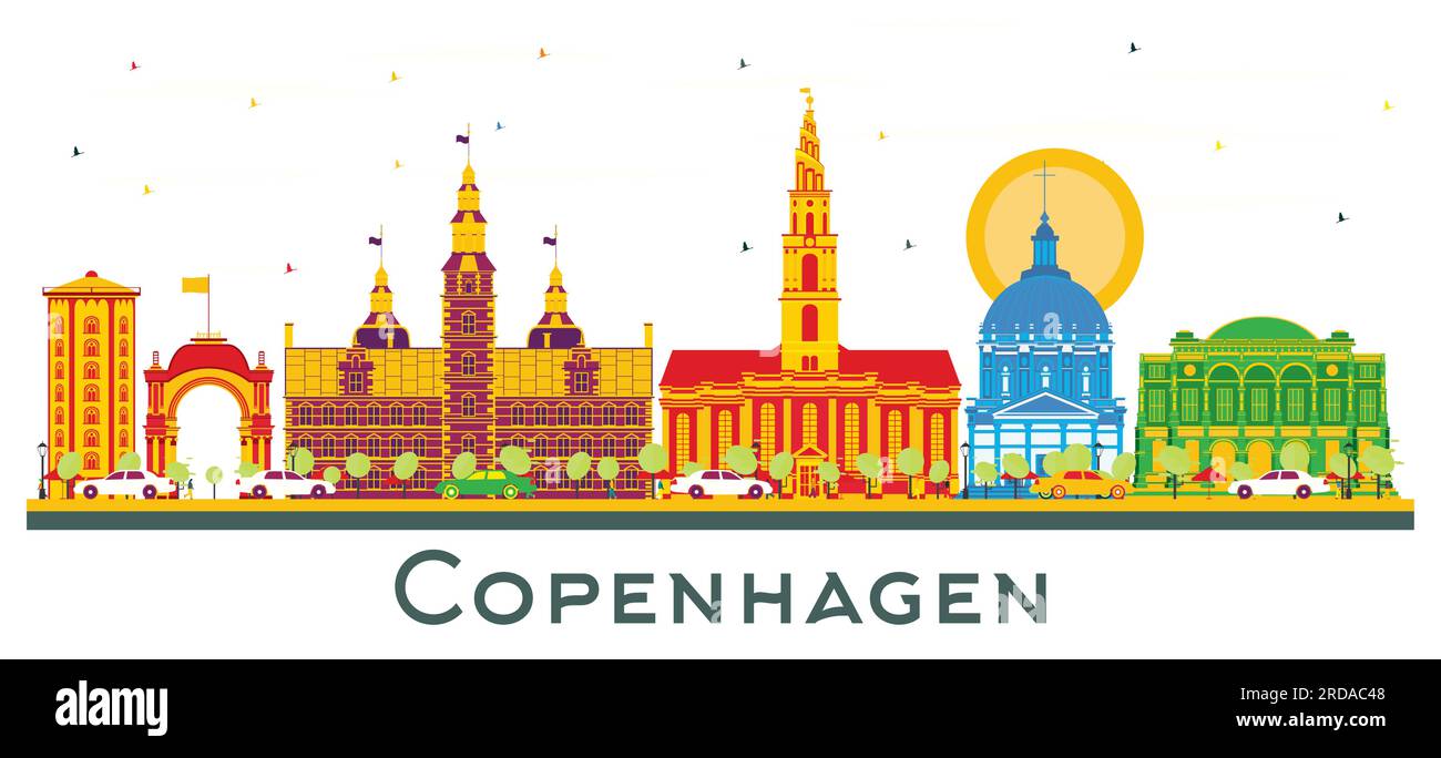 Copenhagen Denmark City Skyline with Color Buildings Isolated on White ...