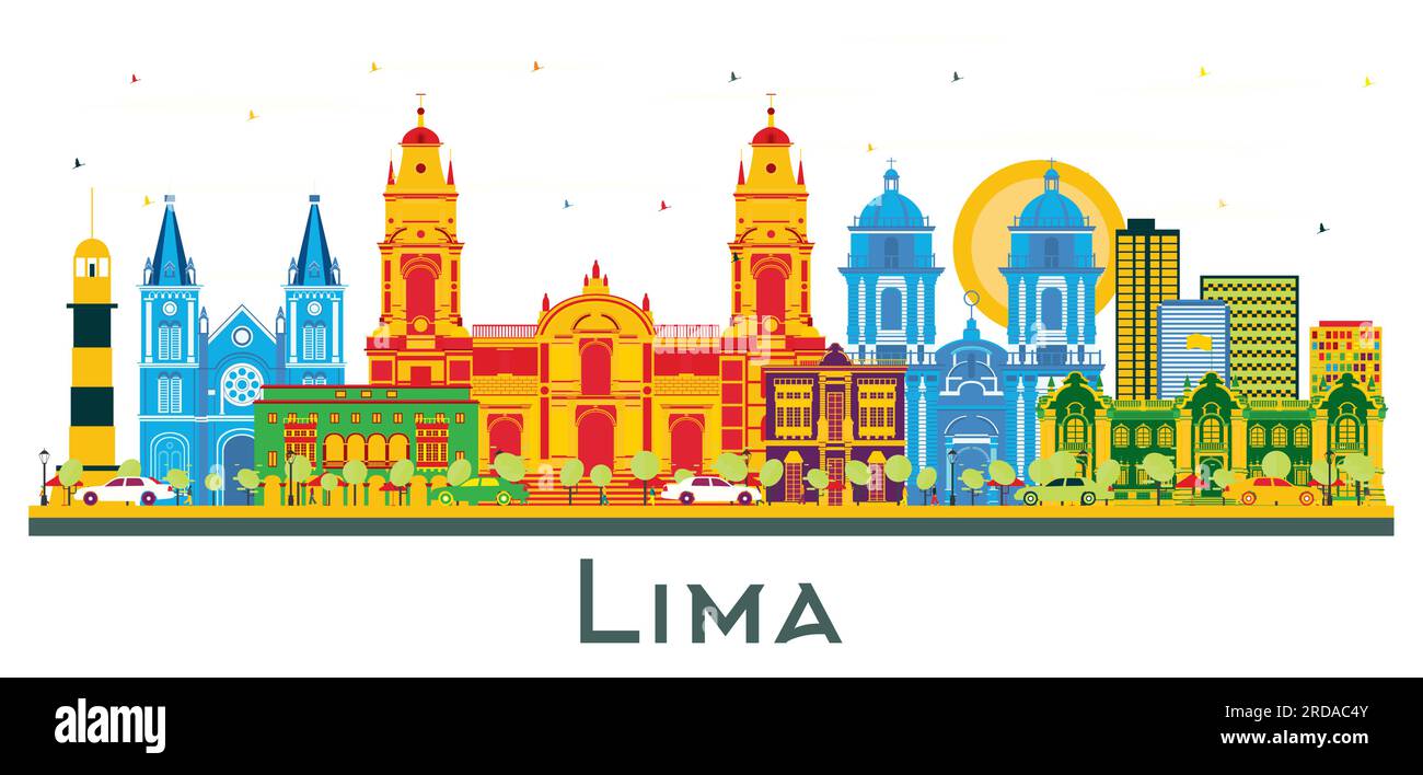 Lima Peru City Skyline with Color Buildings Isolated on White. Vector