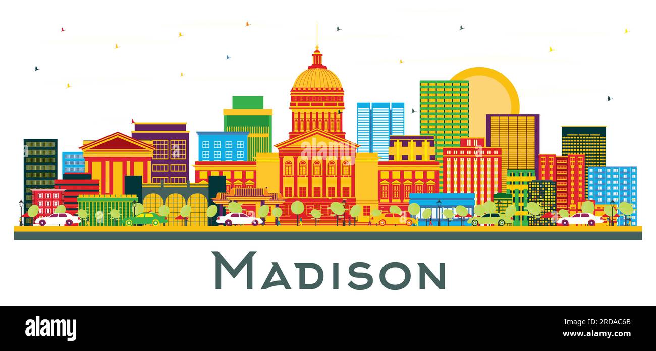 Madison Wisconsin City Skyline with Color Buildings Isolated on White