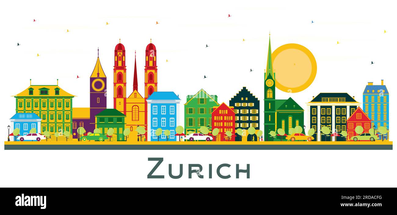 Zurich Switzerland City Skyline with Color Buildings Isolated on White