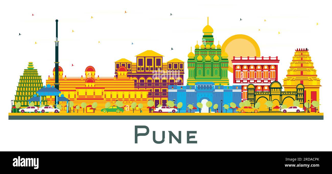 Pune India City Skyline with Color Buildings Isolated on White. Vector Illustration. Business Travel and Tourism Concept with Historic Buildings. Stock Vector