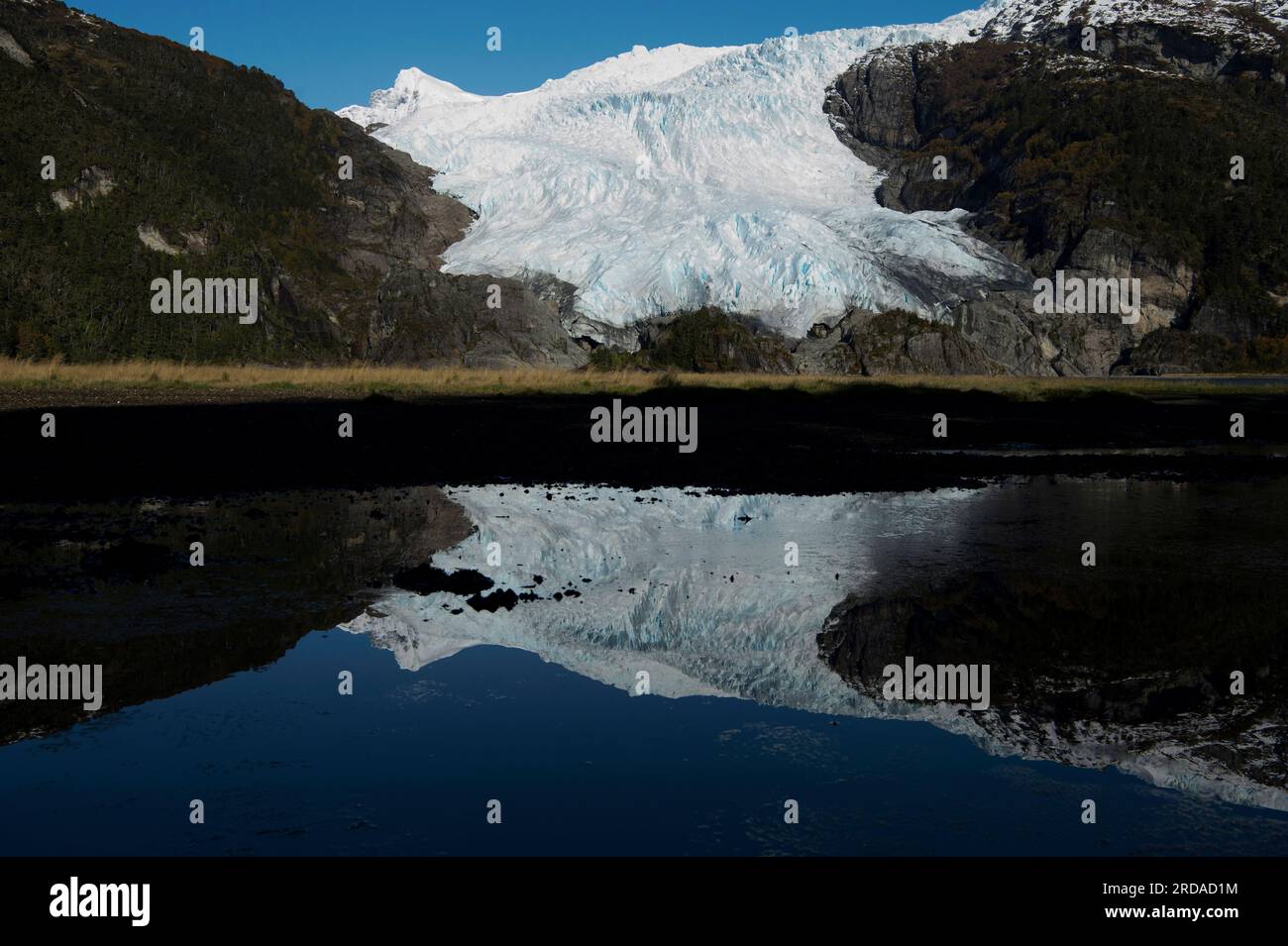 Reflection of Aguila Glacier in tidepool in Parque Nacional Alberto de Agostini in southern Chile Stock Photo