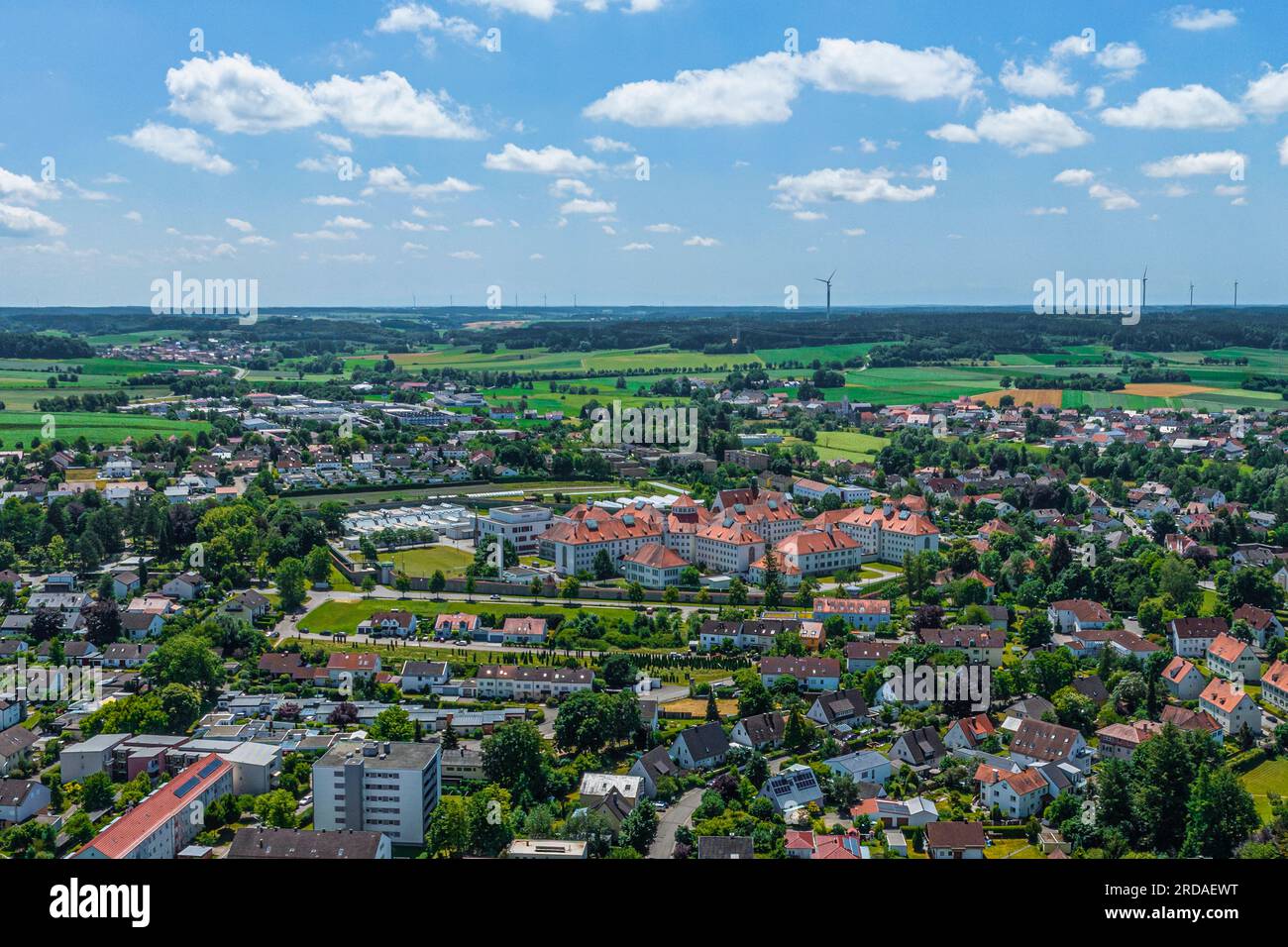 The beautiful little town Aichach on the Paar river in Bavaria from above Stock Photo