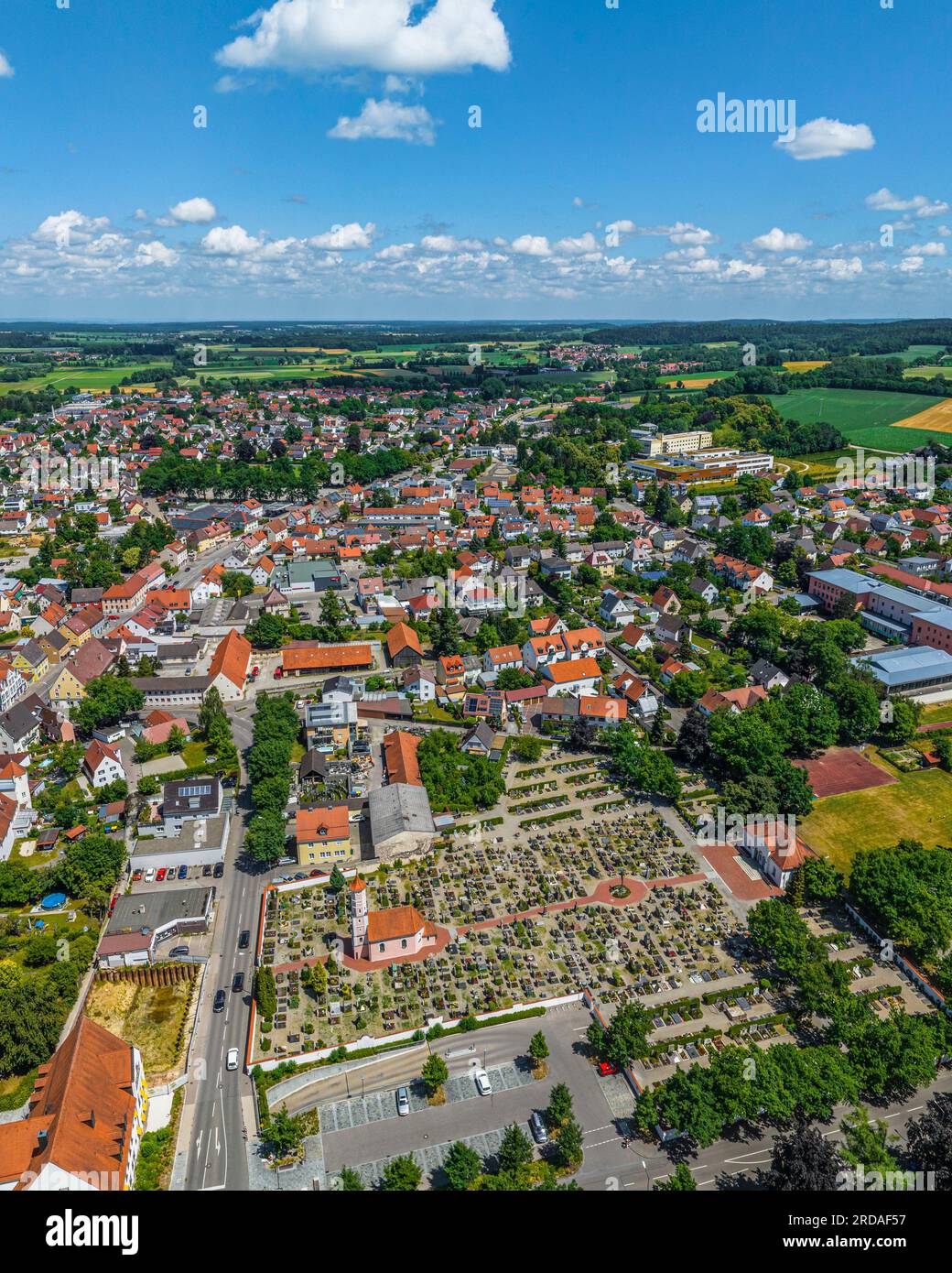 The beautiful little town Aichach on the Paar river in Bavaria from above Stock Photo