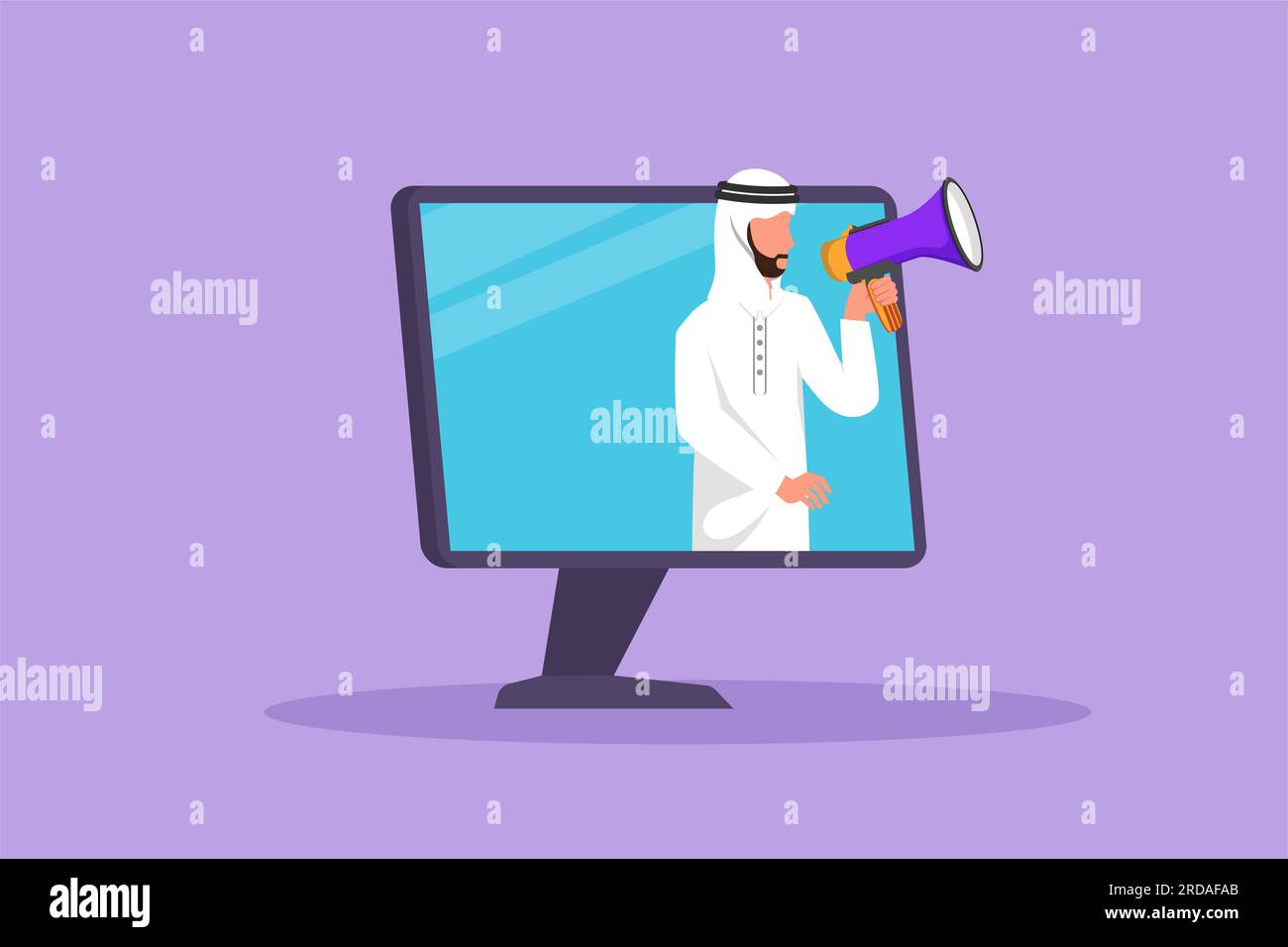 Graphic flat design drawing arab man coming out of monitor computer
