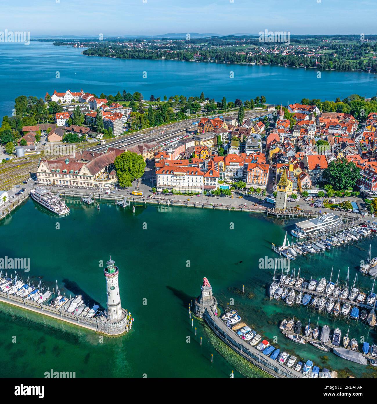 The famous harbour entrance of Lindau on Lake Constance from above ...