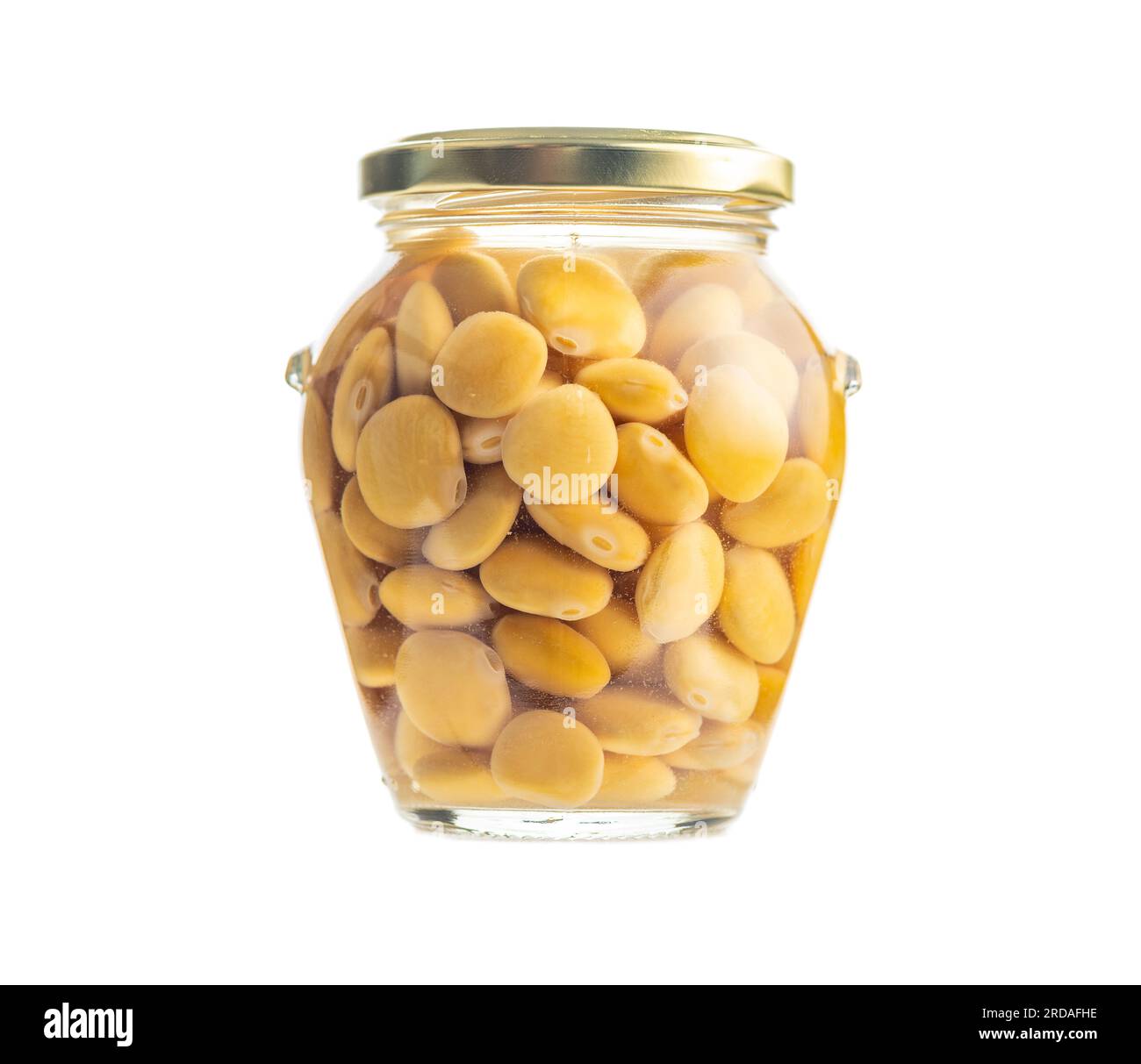 Lupini beans in brine. Pickled lupin in jar isolated on the white