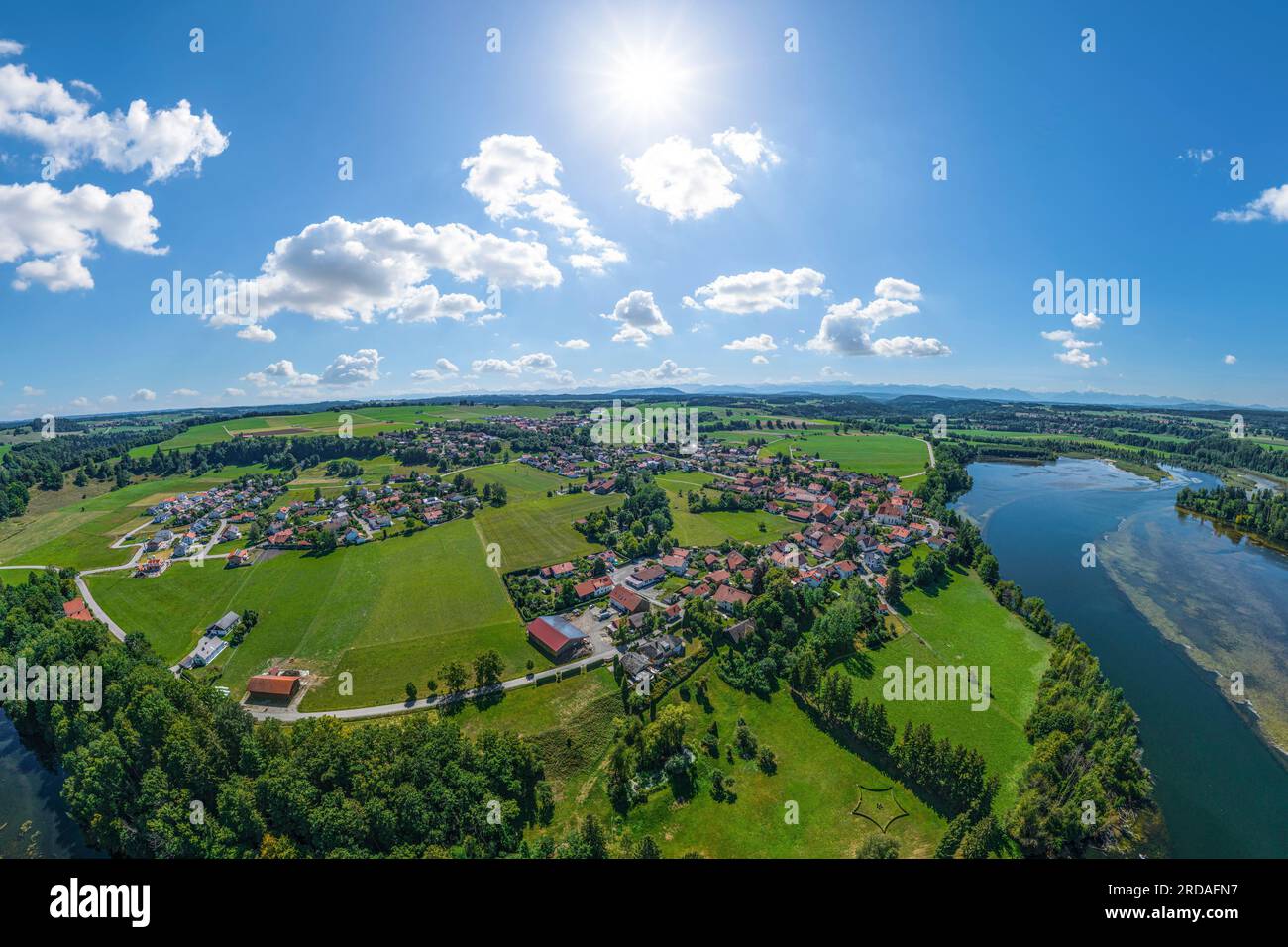 Aerial view to the imprssive Lech valley around the little village Apfeldorf in Bavaria Stock Photo